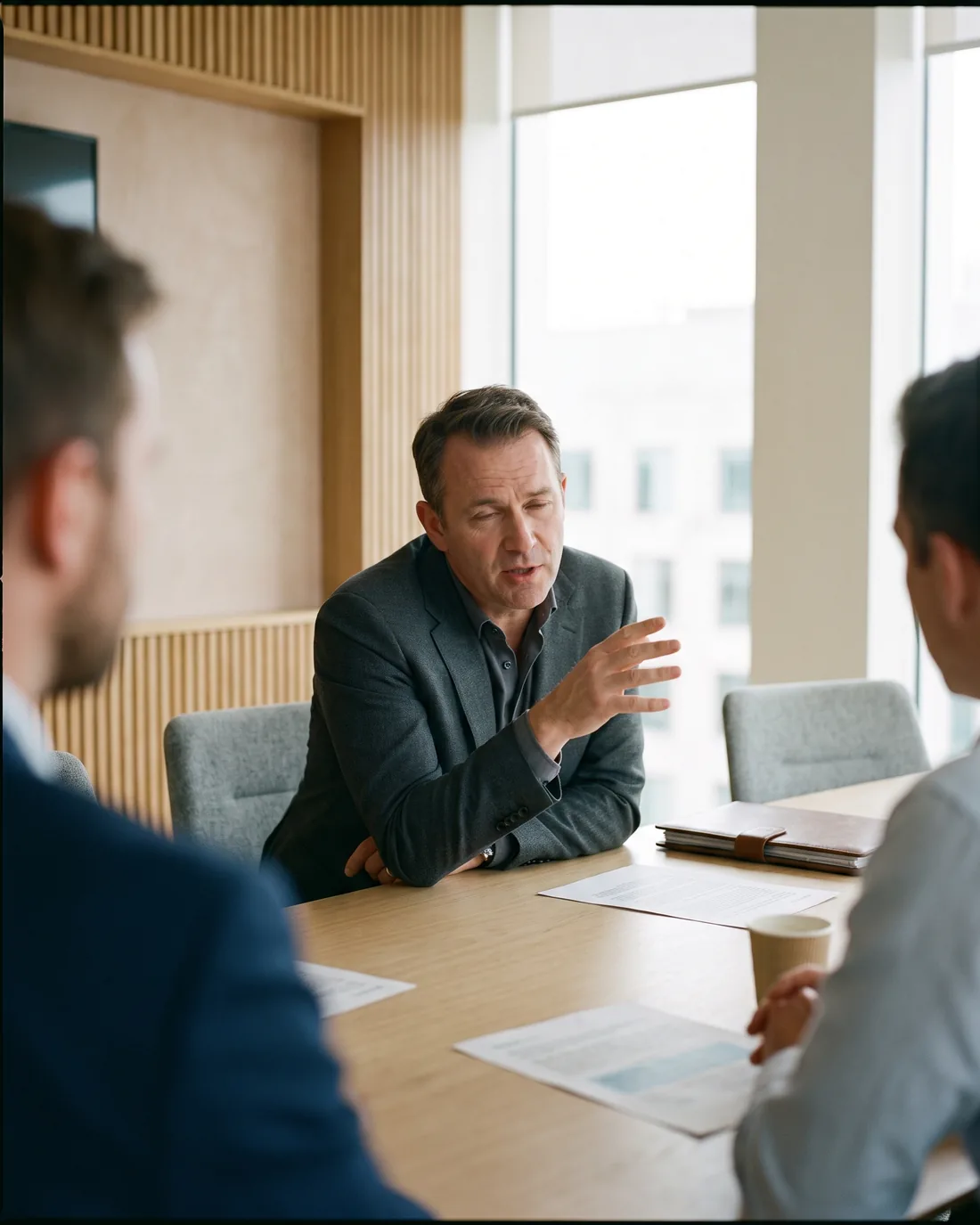 A senior CRO reviewing the work in a calm Jersey boardroom