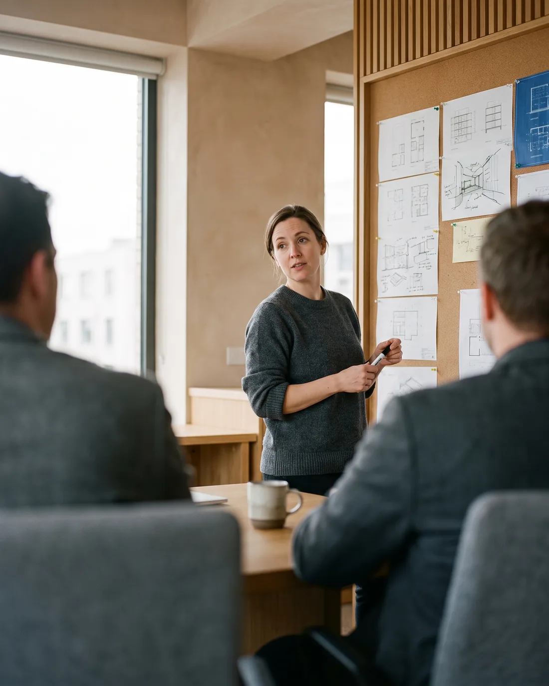A senior CTO reviewing the work in a calm Jersey boardroom